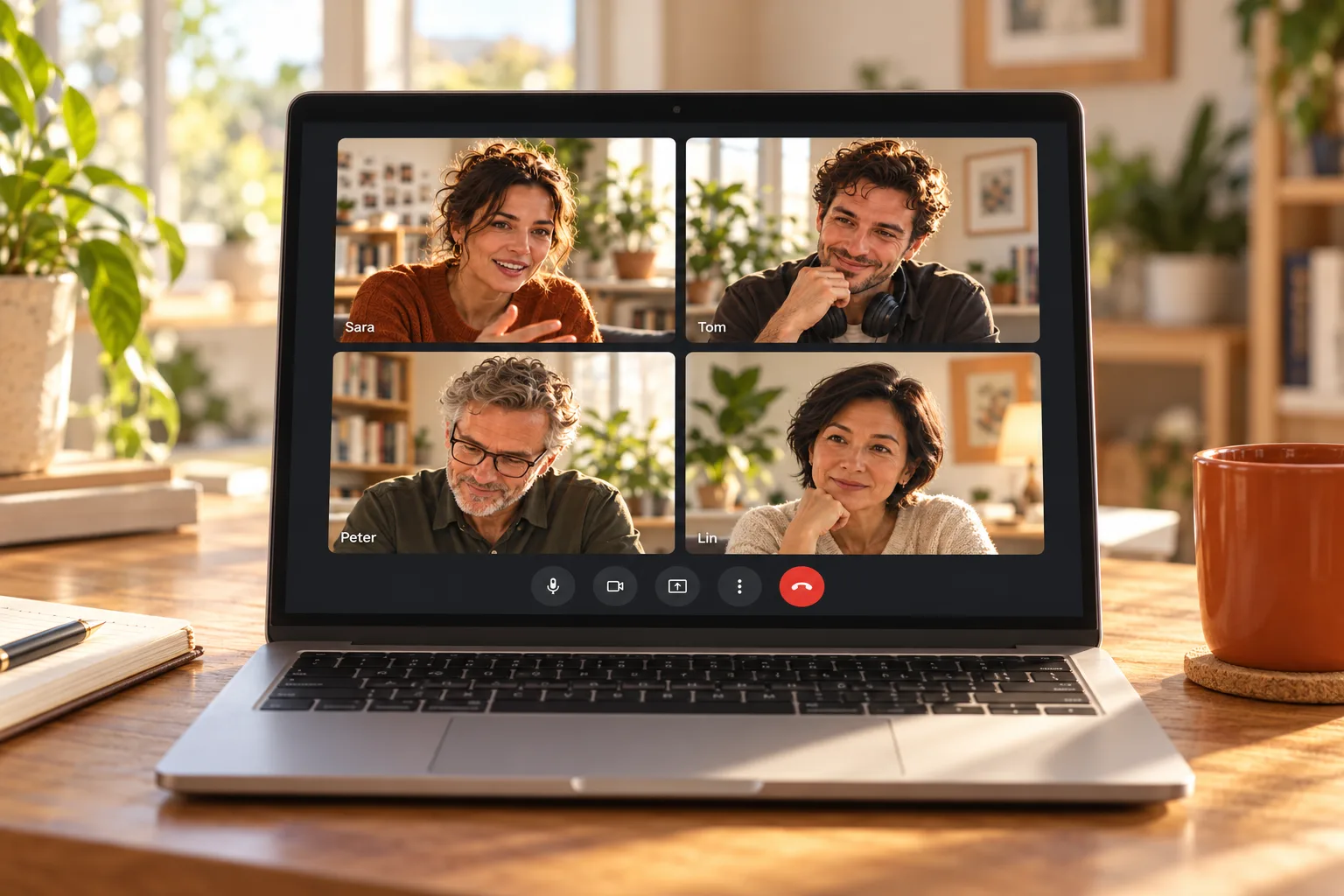 A team of four in a Google Meet call on a laptop